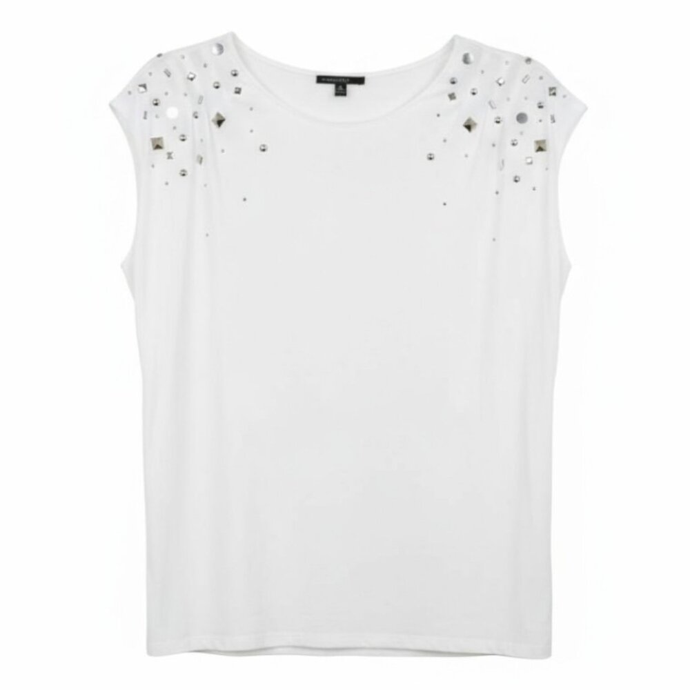 Chaus Sport Women's Size M Ivory Silver Studded Short Cap Sleeve Retro Rock Top